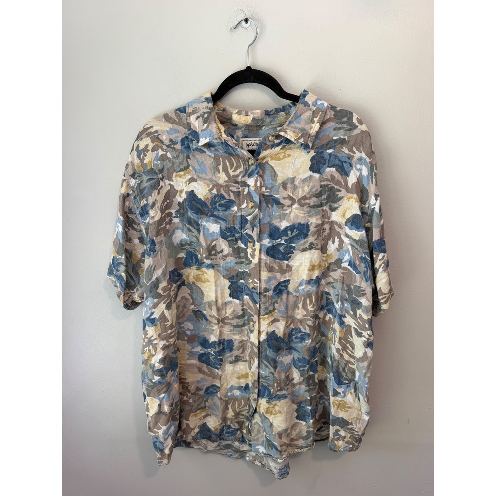 Krazy Kat Floral Button Down Shirt Womens 18/20 Cotton Linen Blend Short Sleeve